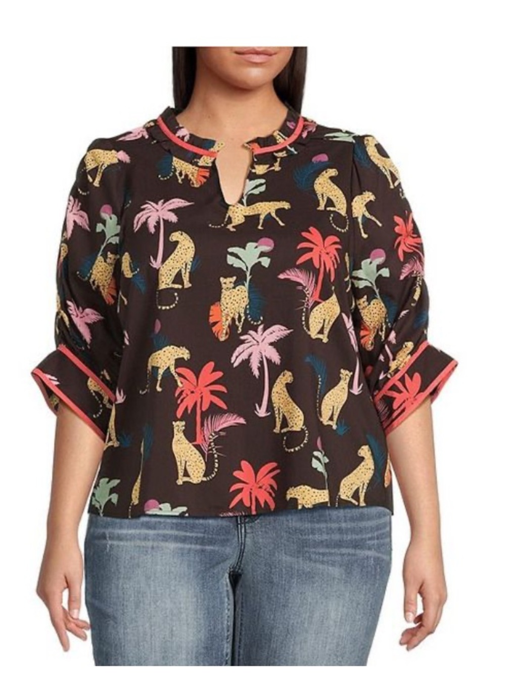 DEMOCRACY Pop-Over Cheetah Print Size 1X Shirt, NWT